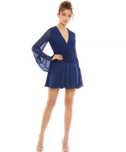 Ieena For Mac Duggal Pleated Bell Sleeve Chiffon Mini Dress