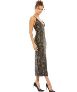 Ieena For Mac Duggal Shop For Sequined Metallic V-Neck Midi Dress