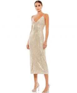 Ieena For Mac Duggal Shop For Sequined Metallic V-Neck Midi Dress