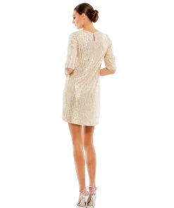 Ieena For Mac Duggal Metallic Sequined Short Sleeve Shift Dress