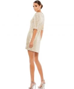 Ieena For Mac Duggal Metallic Sequined Short Sleeve Shift Dress