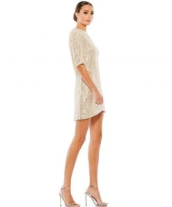 Ieena For Mac Duggal Metallic Sequined Short Sleeve Shift Dress