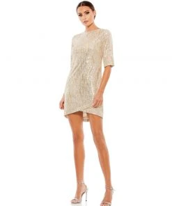 Ieena For Mac Duggal Metallic Sequined Short Sleeve Shift Dress