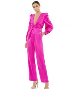 Ieena For Mac Duggal Long Sleeve Ruched Plunging Neck Jumpsuit