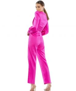 Ieena For Mac Duggal Long Sleeve Ruched Plunging Neck Jumpsuit