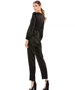 Ieena For Mac Duggal Long Sleeve Ruched Plunging Neck Jumpsuit