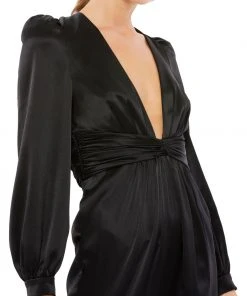 Ieena For Mac Duggal Long Sleeve Ruched Plunging Neck Jumpsuit