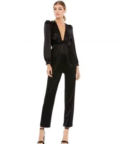 Ieena For Mac Duggal Long Sleeve Ruched Plunging Neck Jumpsuit