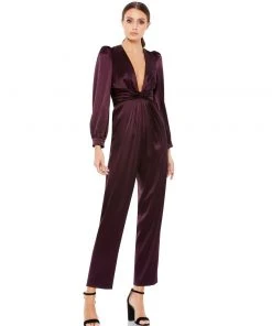 Ieena For Mac Duggal Long Sleeve Ruched Plunging Neck Jumpsuit