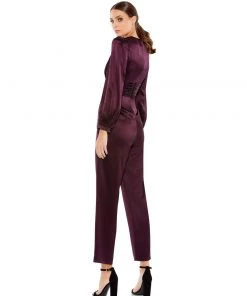 Ieena For Mac Duggal Long Sleeve Ruched Plunging Neck Jumpsuit