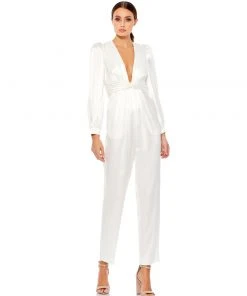 Ieena For Mac Duggal Long Sleeve Ruched Plunging Neck Jumpsuit