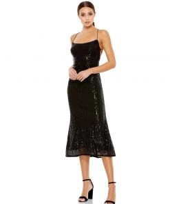 Ieena For Mac Duggal Stretch Sequin Midi Dress W/ Lace Up Back