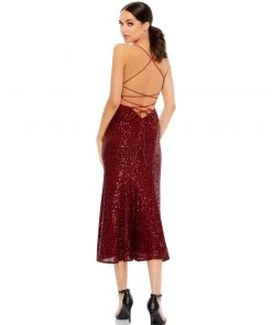 Ieena For Mac Duggal Stretch Sequin Midi Dress W/ Lace Up Back