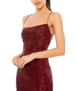 Ieena For Mac Duggal Stretch Sequin Midi Dress W/ Lace Up Back