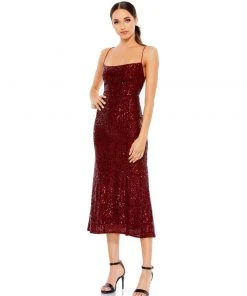Ieena For Mac Duggal Stretch Sequin Midi Dress W/ Lace Up Back