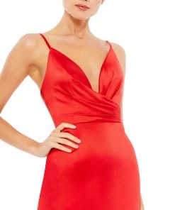 Mac Duggal Short Dresses Red Plunging Faux Wrap Charmeuse Mini Dress | Final Sale