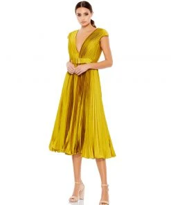 Ieena For Mac Duggal Pleated Cap Sleeve Belted A-Line Midi Dress 12 Ieena For Mac Duggal Pleated Cap Sleeve Belted A-Line Midi Dress