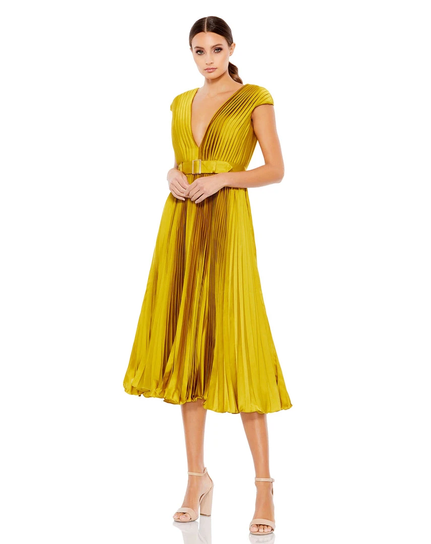 Ieena For Mac Duggal Pleated Cap Sleeve Belted A-Line Midi Dress 4 Ieena For Mac Duggal Pleated Cap Sleeve Belted A-Line Midi Dress