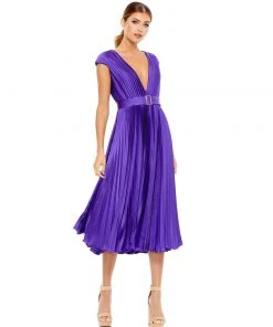 Ieena For Mac Duggal Pleated Cap Sleeve Belted A-Line Midi Dress