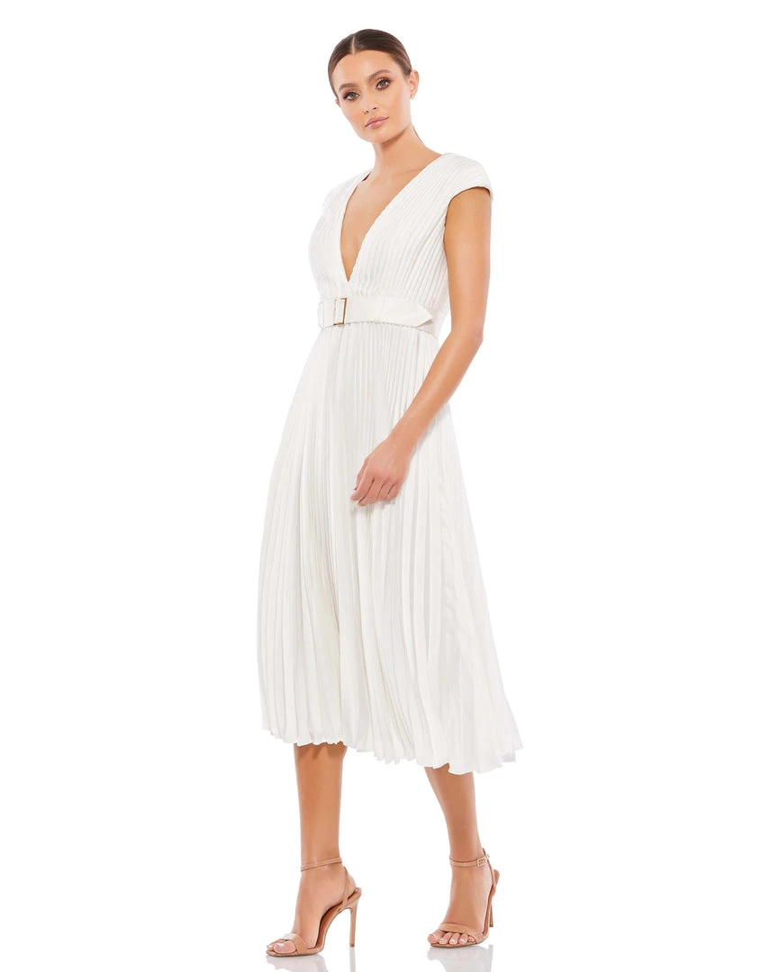 Ieena For Mac Duggal Pleated Cap Sleeve Belted A-Line Midi Dress 7 Ieena For Mac Duggal Pleated Cap Sleeve Belted A-Line Midi Dress