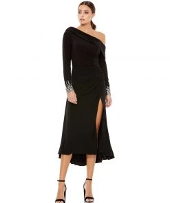 Ieena For Mac Duggal Foldover Long Sleeve Jeweled Midi Dress Shop For