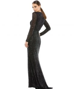 Ieena For Mac Duggal Long Sleeve Ruched Faux Wrap Sequined Gown