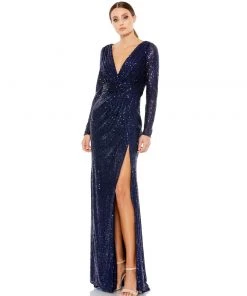 Ieena For Mac Duggal Long Sleeve Ruched Faux Wrap Sequined Gown