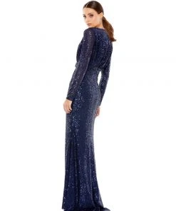 Ieena For Mac Duggal Long Sleeve Ruched Faux Wrap Sequined Gown