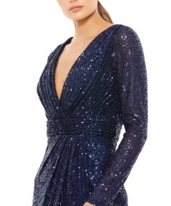 Ieena For Mac Duggal Long Sleeve Ruched Faux Wrap Sequined Gown