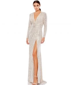 Ieena For Mac Duggal Long Sleeve Ruched Faux Wrap Sequined Gown