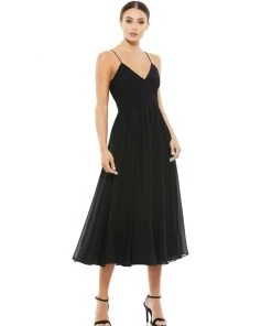 Ieena For Mac Duggal Ruched V-Neck Chiffon Pleated Midi Dress