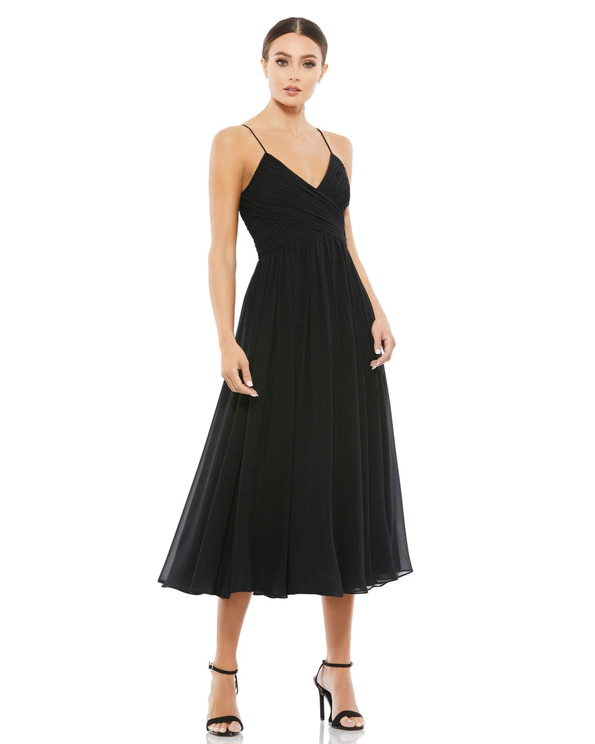Ieena For Mac Duggal Ruched V-Neck Chiffon Pleated Midi Dress 1 Ieena For Mac Duggal Ruched V-Neck Chiffon Pleated Midi Dress