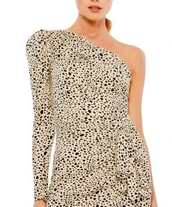 Ieena For Mac Duggal Animal Print One Shoulder Draped Mini Dress