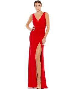Ieena For Mac Duggal Ruched Stretch Jersey V-Neck Gown Shop For
