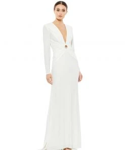 Ieena For Mac Duggal Gathered Pearl Long Sleeve Keyhole Gown