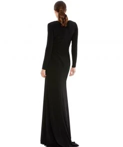 Ieena For Mac Duggal Gathered Pearl Long Sleeve Keyhole Gown