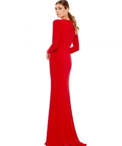 Ieena For Mac Duggal Gathered Pearl Long Sleeve Keyhole Gown