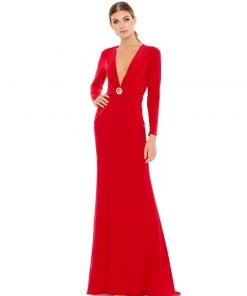 Ieena For Mac Duggal Gathered Pearl Long Sleeve Keyhole Gown