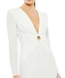 Ieena For Mac Duggal Gathered Pearl Long Sleeve Keyhole Gown