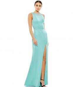 Ieena For Mac Duggal Sleeveless Rhinestone Collar Column Gown