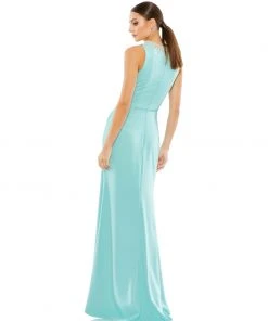 Ieena For Mac Duggal Sleeveless Rhinestone Collar Column Gown