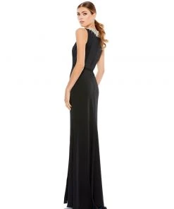 Ieena For Mac Duggal Sleeveless Rhinestone Collar Column Gown