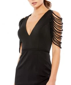 Ieena For Mac Duggal Short Dresses V-Neck Cocktail Dress W/ Beaded Sleeves