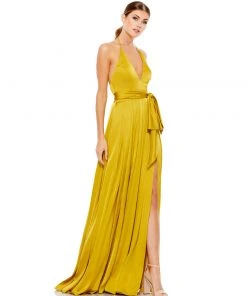 Ieena For Mac Duggal Pleated Charmeuse Halter Gown W/ Belted Waist Shop For