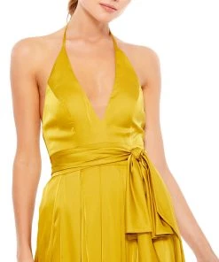 Ieena For Mac Duggal Pleated Charmeuse Halter Gown W/ Belted Waist Shop For