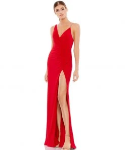 Ieena For Mac Duggal Asymmetrical Pearl Strap V-Neck Gown