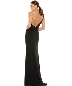 Ieena For Mac Duggal Asymmetrical Pearl Strap V-Neck Gown