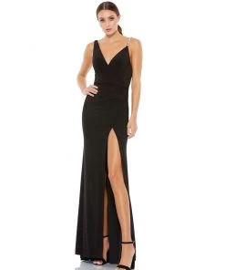 Ieena For Mac Duggal Asymmetrical Pearl Strap V-Neck Gown
