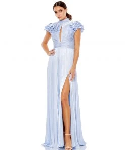 Ieena For Mac Duggal High Neck Ruffle Sleeve Pleated Keyhole Gown Bridesmaid Dresses