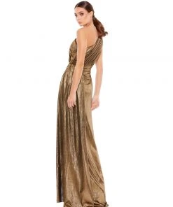 Ieena For Mac Duggal Prom Metallic Draped One Shoulder Grecian Dress